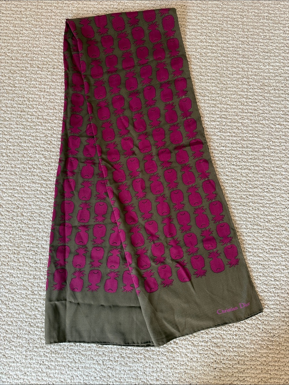 Christian Dior vintage 1980’s Olive and Magenta Pineapple-Print silk scarf